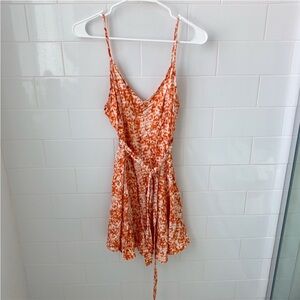 Abstract orange speckle a-line skater dress with tie NWOT